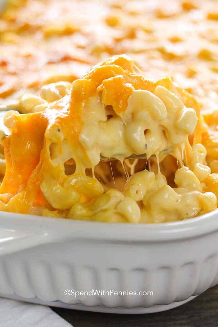 Macaroni and Cheese Casserole scooped with a spoon