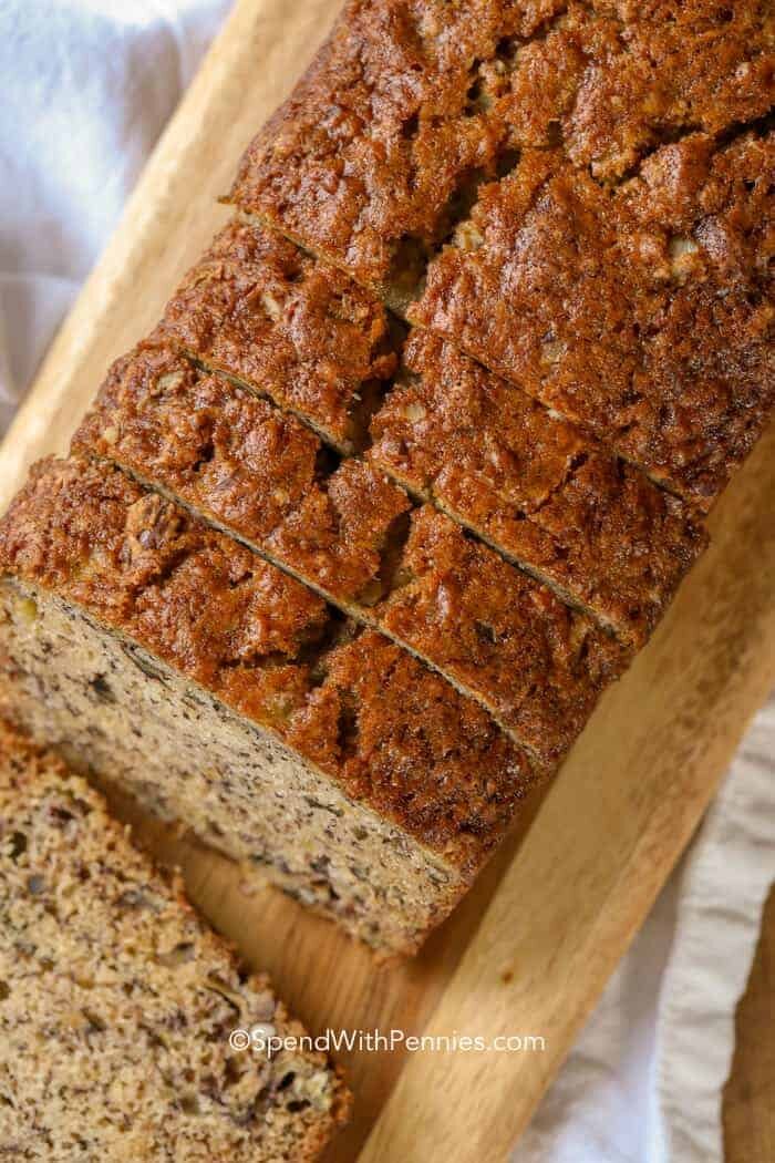 A sliced loaf of banana bread made from an easy banana bread recipe