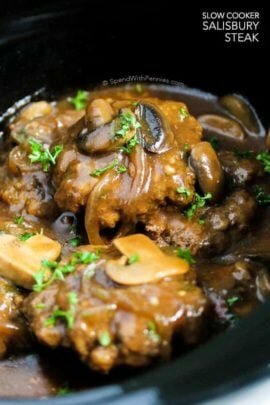 Salisbury Steak in a black crock pot with text