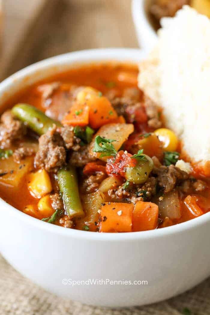 Hamburger Soup in a white bowl