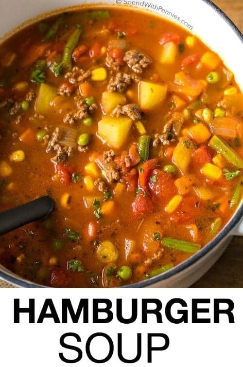 Easy Hamburger Soup in a pot with a title