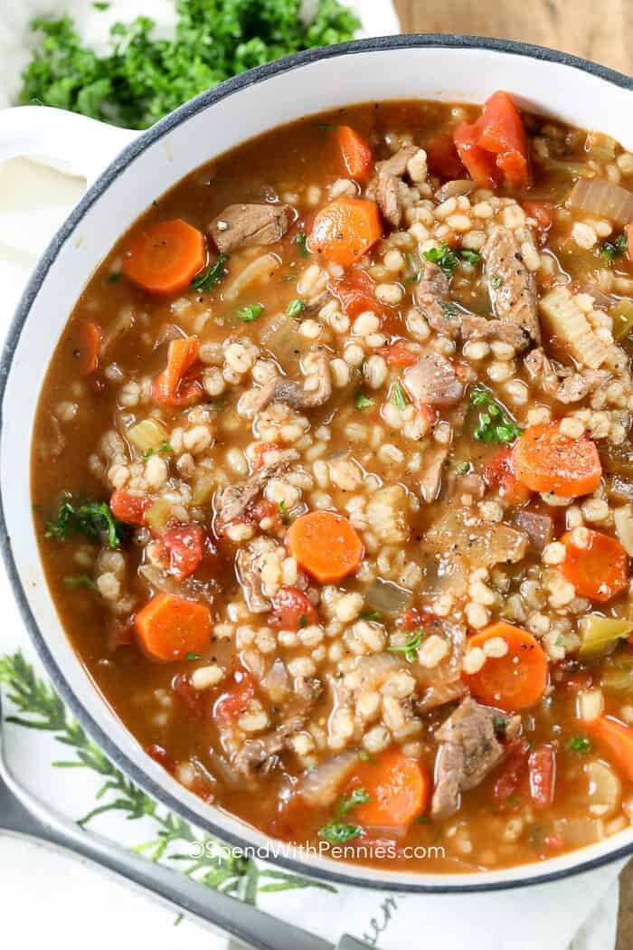 Beef Barley Soup in a white pot