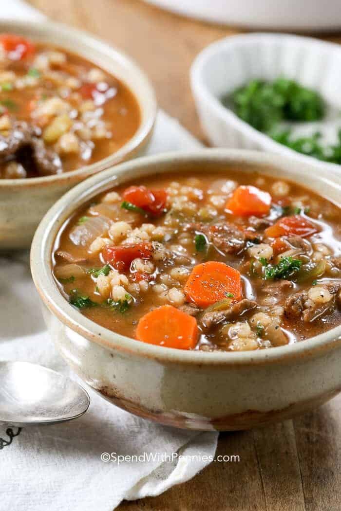 Beef Barley Soup in a bowl