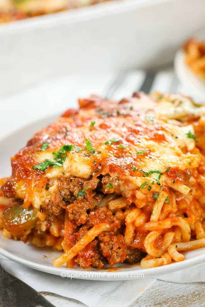 Baked Spaghetti served on a white plate