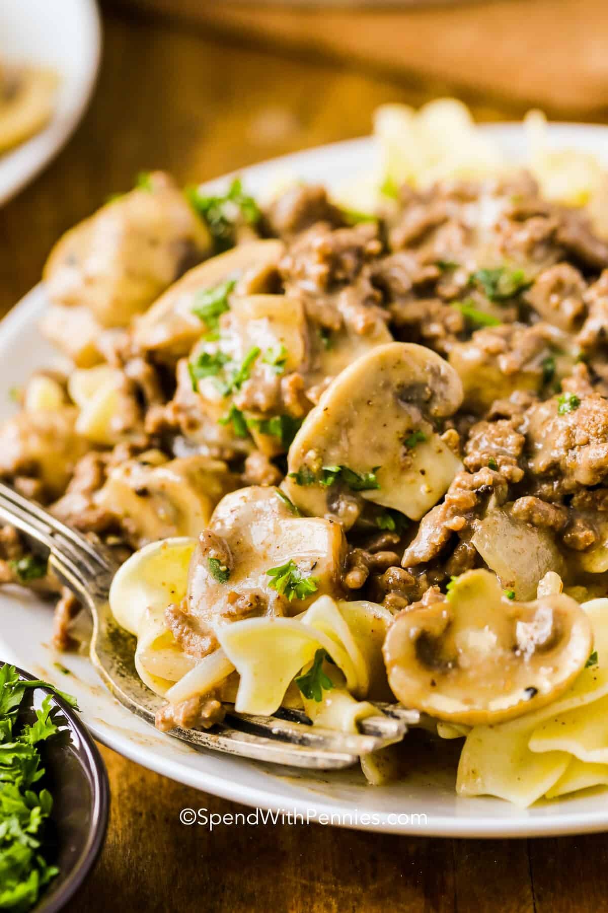 Ground Beef Stroganoff with mushrooms on a plate with a fork