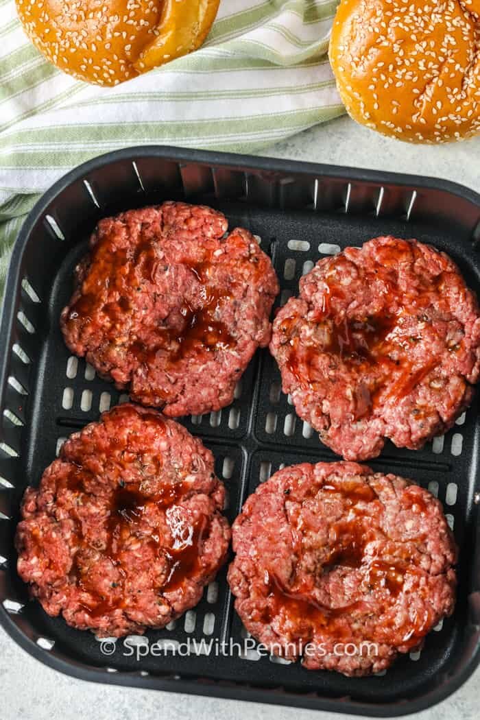 Air Fryer Hamburgers in the air fryer before cooking