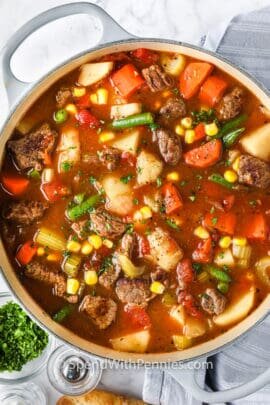 top view of cooked Vegetable Beef Soup in the pot