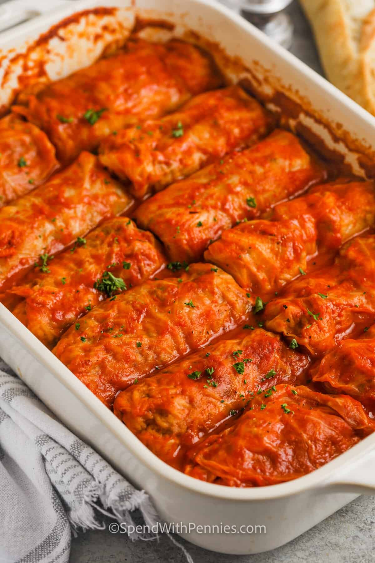 cooked Cabbage Rolls in a casserole dish