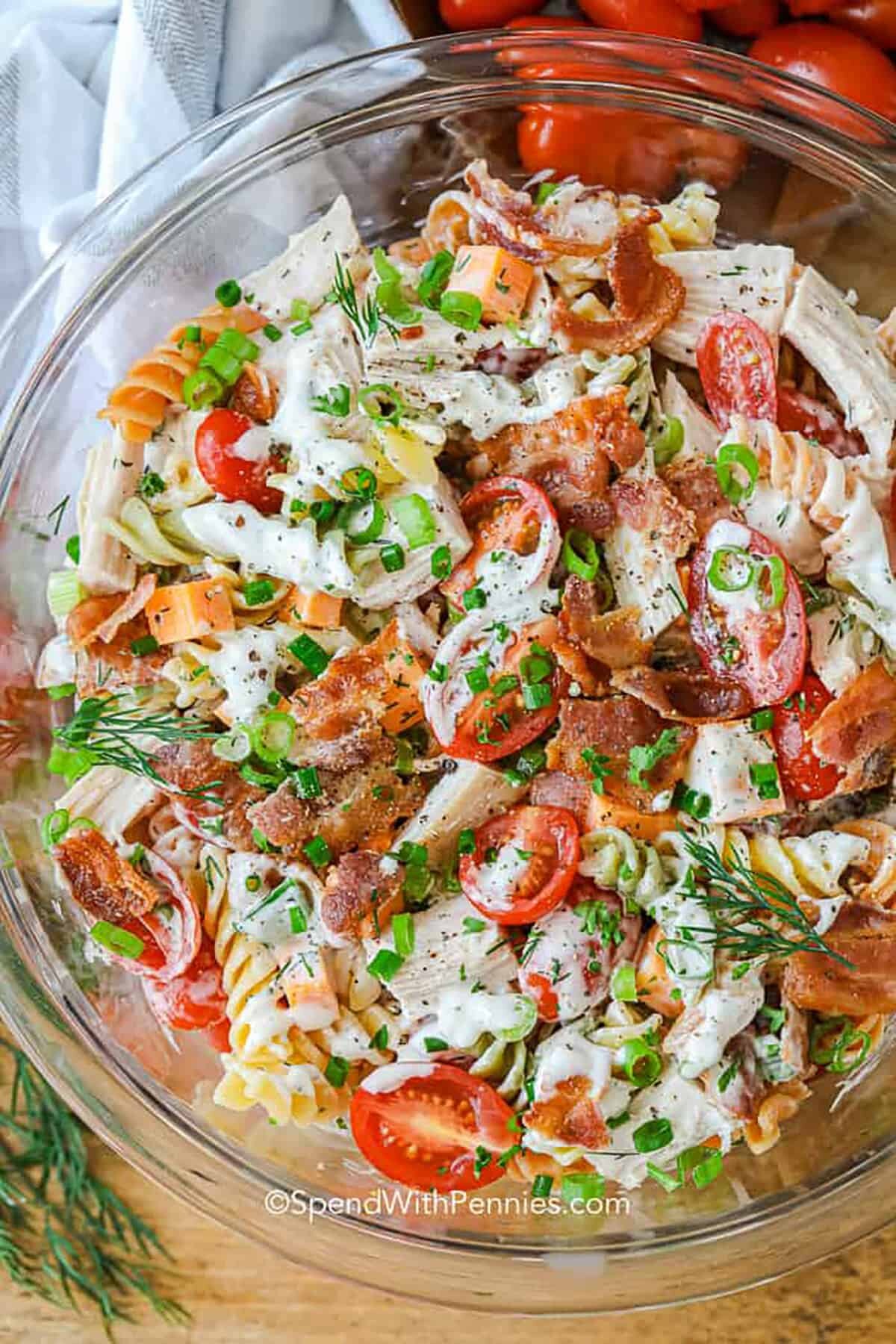 Creamy Chicken Pasta Salad in a glass bowl