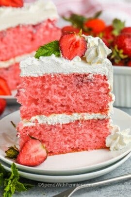 Strawberry Cream Cake slice on a plate