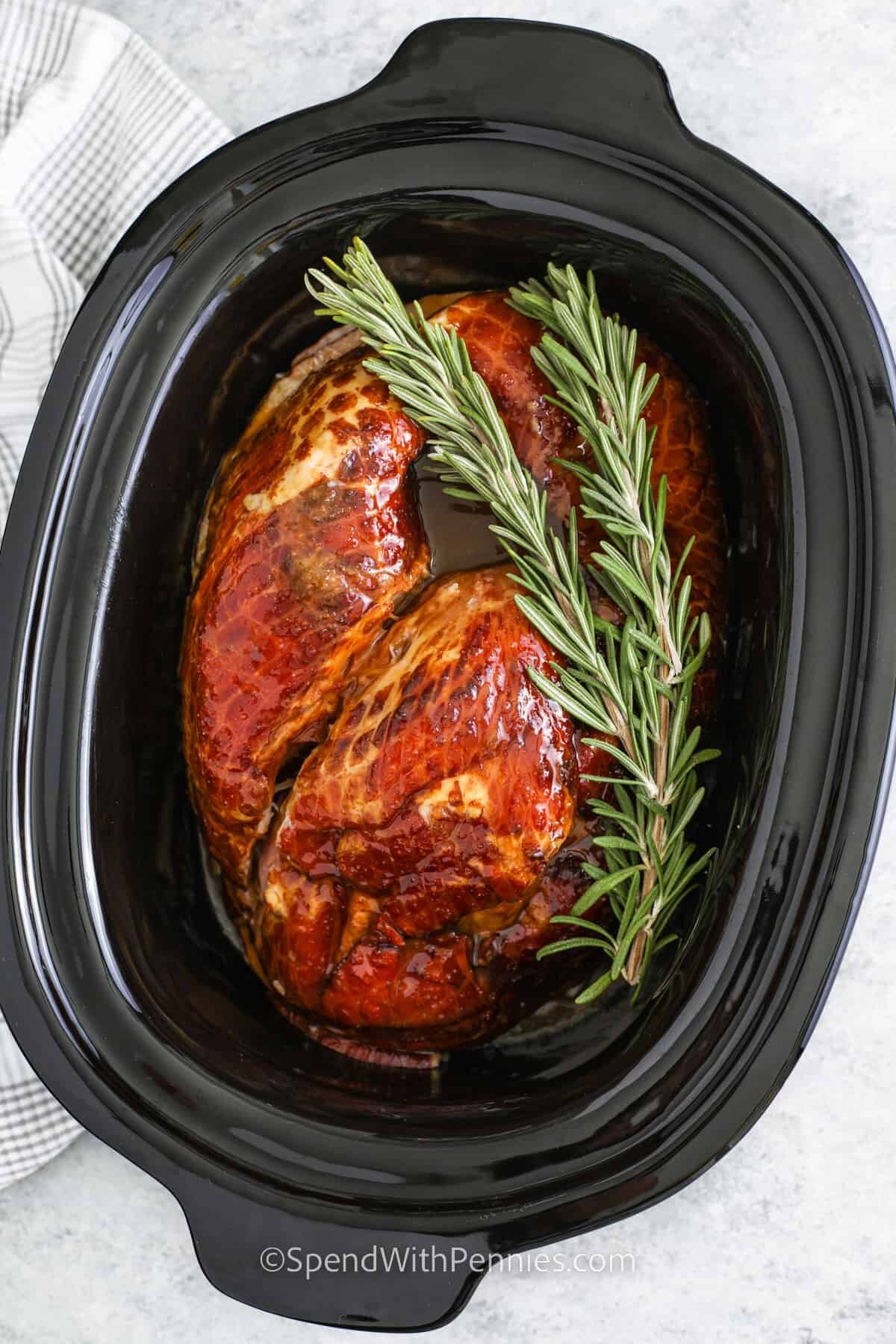 Crock Pot Ham in the crockpot with glaze