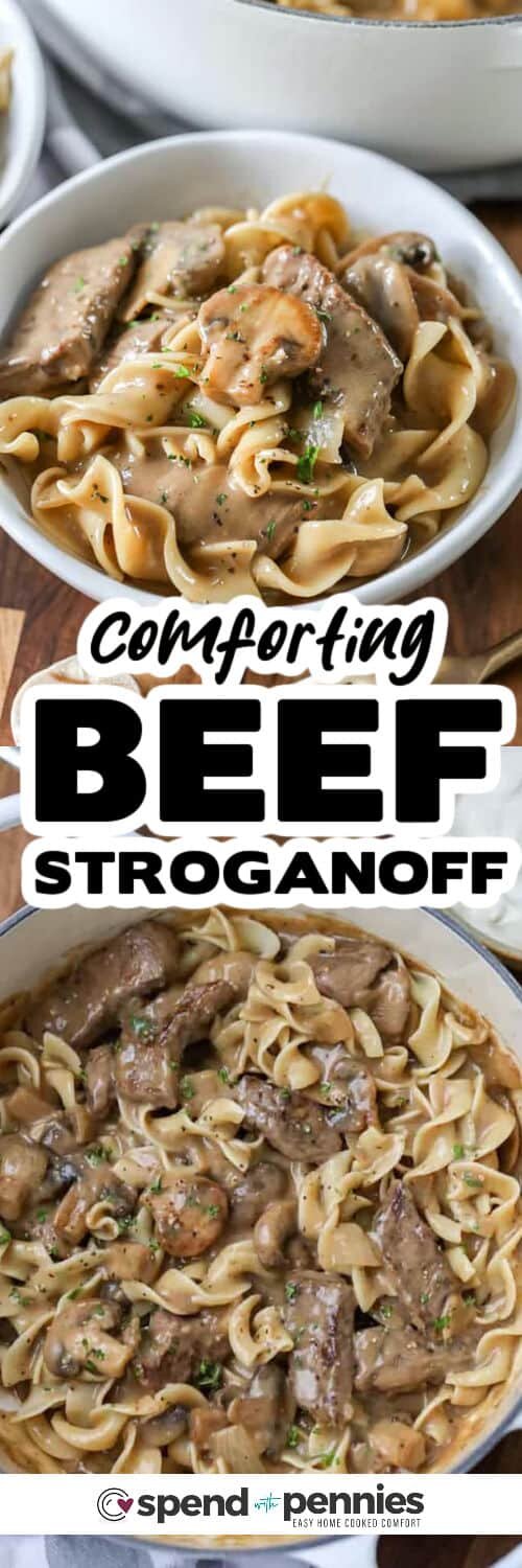 Beef Stroganoff in the pot and plated with writing