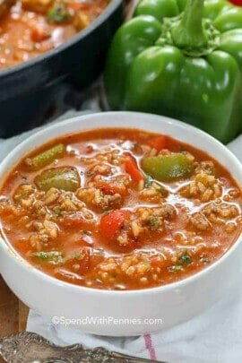 close up of Stuffed Pepper Soup in a bowl