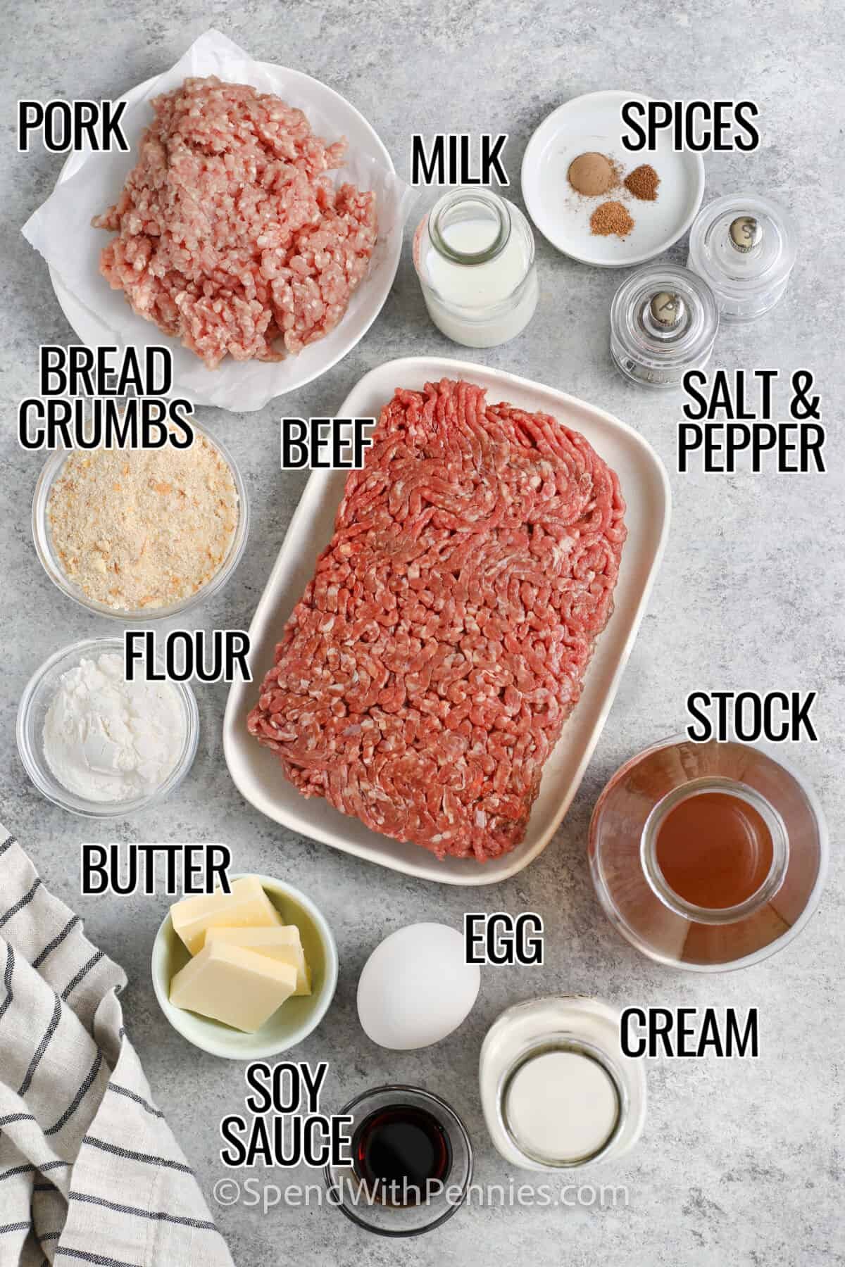 pork , milk , spices , salt and pepper , bread crumbs , beef , flour , stock , butter , egg , soy sauce , and cream with labels to make Swedish Meatballs