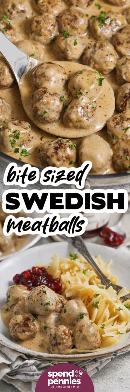 pan of Swedish Meatballs and plated dish with a title