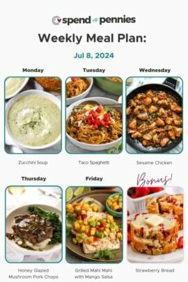 A menu showing the recipes for weekly plan for July 8