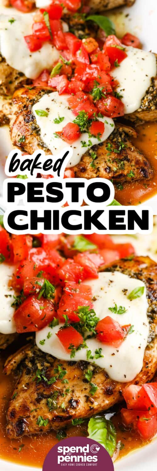 Pesto Chicken on a plate and close up photo with a title