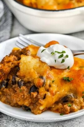 plated Cowboy Casserole with sour cream