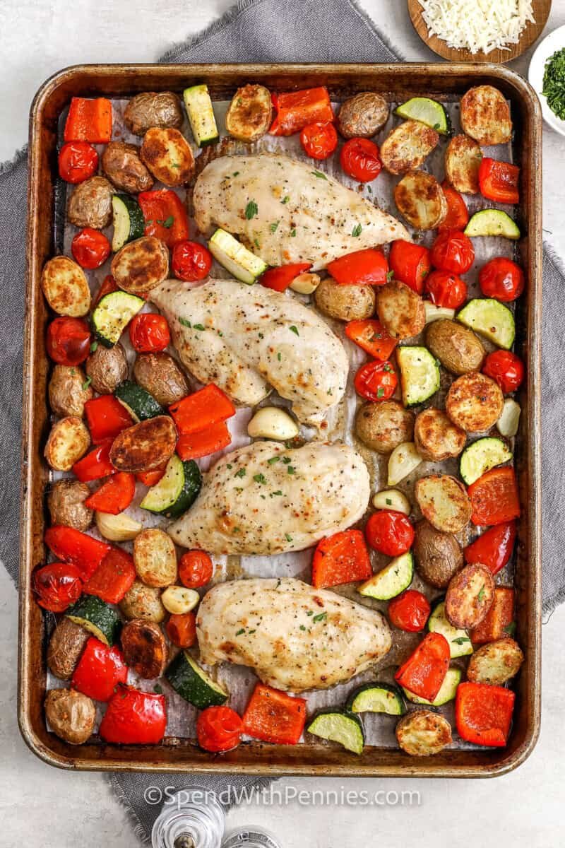 sheet pan of cooked Italian Chicken